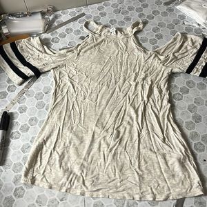 Moa Moa Small Cold Shoulder Tan and Black Striped High Neck Top